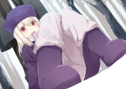 Rule 34 | 1girl, blush, boots, cccpo, child, fate/stay night, fate/zero, fate (series), forest, fur hat, hat, illyasviel von einzbern, looking at viewer, nature, open mouth, pink eyes, purple footwear, purple hat, scarf, sitting, snow, solo, tree, white hair, white scarf