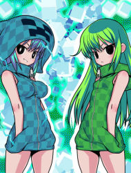 Rule 34 | 2girls, alphes, blue hair, breasts, charged creeper, creeparka, creeper, cube, dual persona, electricity, flat chest, green hair, grin, hands in pockets, hood, large breasts, long hair, minecraft, multiple girls, no pants, smile, zipper