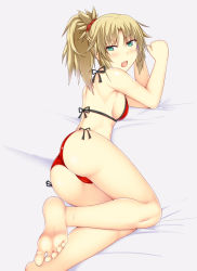 Rule 34 | 1girl, annoyed, aqua eyes, ass, bare shoulders, barefoot, bikini, blonde hair, breasts, fang, fate/apocrypha, fate/grand order, fate (series), feet, female focus, halterneck, highres, long hair, looking at viewer, lying, mordred (fate), mordred (fate) (all), mordred (fate/apocrypha), mordred (swimsuit rider) (fate), mordred (swimsuit rider) (first ascension) (fate), nagamon (nagamonian), on side, open mouth, ponytail, red bikini, scrunchie, shiny skin, sideboob, small breasts, solo, string bikini, swimsuit