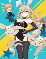 Rule 34 | !, 3girls, :o, ahoge, animal ears, artist name, artist request, bare shoulders, bird, black gloves, black thighhighs, blonde hair, blue eyes, blunt bangs, braid, braided hair rings, breasts, chibi, claire (eversoul), cleavage, elbow gloves, eversoul, feathers, garter straps, gloves, green eyes, hair between eyes, hair rings, heart, heart print, honglan (eversoul), jiho (eversoul), korean commentary, large breasts, leotard, light brown hair, long hair, looking down, mole, mole under eye, multicolored hair, multiple girls, pantyhose, pink hair, playboy bunny, rabbit ears, rabbit tail, short hair, sidelocks, sleeveless, smile, standing, star (symbol), streaked hair, tail, thighhighs, twin braids, twintails, very long hair