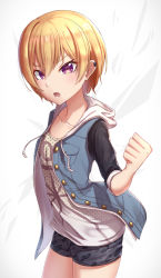 Rule 34 | 1girl, black shorts, blonde hair, clenched hand, collarbone, cowboy shot, earrings, flat chest, hair between eyes, highres, idolmaster, idolmaster shiny colors, jacket, jewelry, jirofly, long hair, open clothes, open jacket, open mouth, purple eyes, saijo juri, shirt, short hair, short shorts, shorts, solo, standing, white shirt