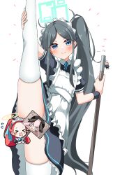 Rule 34 | 2girls, absurdly long hair, apron, aqua ribbon, aris (blue archive), aris (maid) (blue archive), black dress, black hair, black wristband, blue archive, blue eyes, censored, dress, frilled apron, frills, halo, highres, holding, holding mop, long hair, looking at viewer, maid, maid apron, maid headdress, mop, multiple girls, novelty censor, official alternate costume, panties, pia (botamochinjufu), puffy short sleeves, puffy sleeves, red hair, ribbon, short sleeves, split, standing, standing on one leg, standing split, thighhighs, underwear, very long hair, white apron, white panties, white thighhighs, yellow halo, yuzu (blue archive), yuzu (maid) (blue archive)