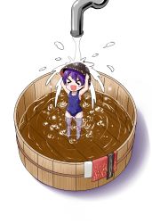 Rule 34 | &gt; &lt;, 1girl, barefoot, blush stickers, bowl, bowl hat, bucket, commentary, faucet, hat, unworn kimono, kousei (public planet), mini person, minigirl, one-piece swimsuit, purple hair, showering, solo, sukuna shinmyoumaru, swimsuit, touhou, wading, water, wooden bucket