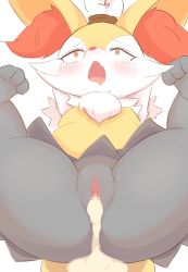 Rule 34 | 1girl, aftersex, animal ear fluff, animal ears, animal feet, animal nose, arms behind head, arms up, bdsm, black fur, blush, body fur, bondage, bound, braixen, censored, constricted pupils, creatures (company), cum, cum in pussy, cumdrip, drooling, empty eyes, fang, female focus, flat chest, fox ears, fox girl, fox tail, furry, furry female, game freak, gen 6 pokemon, heart, heart-shaped pupils, highres, legs up, looking up, lying, mosaic censoring, mouth drool, multicolored fur, nintendo, on back, open mouth, own hands together, pokemon, pokemon (creature), pussy, red eyes, rolling eyes, rope, simple background, skin fang, snout, solo, spread legs, symbol-shaped pupils, tail, tears, thighs, white background, white fur, yellow fur, yosenabu