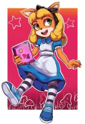 Rule 34 | 1girl, absurdres, alice (alice in wonderland), alice (alice in wonderland) (cosplay), alice in wonderland, alternate costume, alternate hairstyle, animal ears, animal nose, apron, black hairband, blonde hair, blue dress, blue footwear, body fur, border, bow, coco bandicoot, collared dress, computer, cosplay, crash bandicoot (series), dress, eyeshadow, female focus, flat chest, frilled sleeves, frills, full body, furry, furry female, gradient background, grass, green eyes, hair bow, hairband, happy, heart, highres, holding, holding laptop, laptop, long hair, looking to the side, makeup, mushroom, open mouth, orange fur, outline, outside border, pantyhose, pink eyeshadow, puffy short sleeves, puffy sleeves, red background, red lips, shiny clothes, shoes, short sleeves, sidelocks, smile, sneakers, solo, standing, star (symbol), sticker, striped clothes, striped pantyhose, teeth, toasty scones, two-tone fur, white apron, white border, white fur, white outline
