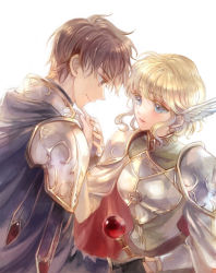 Rule 34 | 1boy, 1girl, armor, blonde hair, blue eyes, breastplate, brown eyes, brown hair, closed mouth, couple, eye contact, fire emblem, fire emblem: genealogy of the holy war, from side, hetero, kuzumosu, leif (fire emblem), looking at another, nanna (fire emblem), nintendo, profile, short hair, shoulder armor, simple background, smile, white background