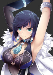 Rule 34 | 1girl, absurdres, armpits, arms up, black gloves, blue dress, blue hair, breasts, cleavage, diagonal bangs, dice, dress, earrings, elbow gloves, feather-trimmed jacket, fur trim, genshin impact, gloves, green eyes, highres, jacket, jewelry, large breasts, looking at viewer, mole, mole on breast, multicolored hair, neck tassel, short hair, single elbow glove, sleeveless, sleeveless dress, smile, solo, sudhiro sappurisa, two-tone hair, upper body, white jacket, yelan (genshin impact)