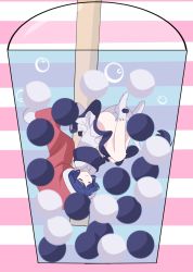 Rule 34 | 1girl, ass, bad id, bad twitter id, bare legs, black capelet, blue hair, bubble, bubble tea, capelet, closed eyes, commentary, convenient leg, cup, disposable cup, doremy sweet, dress, drinking straw, hat, highres, nightcap, no shoes, pink background, pom pom (clothes), red hat, short hair, socks, solo, striped, striped background, tail, tapir tail, thighs, touhou, upside-down, white background, white dress, white socks, yukome