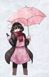 Rule 34 | 1girl, animal ears, black coat, black eyes, black hair, blush, breath, brown pantyhose, carrot necklace, closed umbrella, coat, commentary request, dress, feet out of frame, floppy ears, highres, holding, holding umbrella, inaba tewi, jewelry, looking at viewer, mittens, necklace, nio (meple nio), open clothes, open coat, open mouth, pantyhose, pink dress, pink mittens, pink umbrella, rabbit ears, rabbit girl, red scarf, scarf, short hair, smile, solo, thick eyebrows, touhou, umbrella