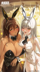 Rule 34 | 2girls, animal ears, artist request, bare arms, bare shoulders, black bow, black bowtie, black leotard, black nails, black necktie, black pantyhose, blanc (nikke), blurry, blurry background, blush, bow, bowtie, breasts, brown hair, cleavage, closed mouth, collarbone, commentary request, copyright name, dark-skinned female, dark skin, detached collar, fake animal ears, fang, fishnet pantyhose, fishnets, gluteal fold, goddess of victory: nikke, highres, large breasts, leotard, long hair, looking at viewer, multiple girls, nail polish, necktie, noir (nikke), official art, one eye closed, open mouth, pantyhose, playboy bunny, rabbit ears, siblings, sisters, skin fang, smile, thigh gap, thighs, white hair, white leotard, wrist cuffs, yellow eyes
