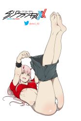 Rule 34 | 1girl, artist name, ass, barefoot, black skirt, breasts, clothes pull, commentary request, copyright name, darling in the franxx, feet, foot focus, full body, green eyes, highres, horns, legs up, long hair, looking at viewer, lying, medium breasts, on back, oni horns, open mouth, panties, pink hair, pleated skirt, pulling another&#039;s clothes, red horns, red shirt, sbel02, shirt, short sleeves, skirt, skirt pull, soles, solo, teeth, twitter logo, twitter username, underwear, upper teeth only, white panties, zero two (darling in the franxx)