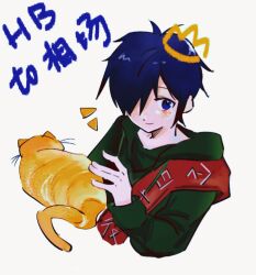 Rule 34 | 1boy, aiba ibuki, blue eyes, blue hair, cat, chinese commentary, closed mouth, commentary request, dark blue hair, drawn crown, green hoodie, hair over one eye, heijingyuan54455, highres, hood, hoodie, long sleeves, male focus, notice lines, red sash, saibou shinkyoku, sash, short hair, simple background, smile, translation request, upper body, uri (saibou shinkyoku), white background