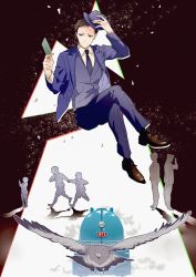 Rule 34 | 6+boys, adjusting clothes, adjusting headwear, bad id, bad pixiv id, bird, black background, blue headwear, blue suit, brown footwear, brown hair, card, child, crossed legs, formal, hat, highres, iamumi, invisible chair, joker game, light smile, long sleeves, multicolored hair, multiple boys, necktie, shadow, short hair, sitting, solo focus, steam, suit, tazaki (joker game), train, two-tone hair, vest, white background
