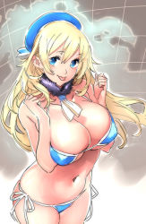 Rule 34 | 10s, 1girl, :p, alternate costume, atago (kancolle), bare shoulders, bikini, blonde hair, blue bikini, blue eyes, blush, breasts, cleavage, detached collar, hat, kantai collection, large breasts, long hair, looking at viewer, navel, nishieda, personification, side-tie bikini bottom, sketch, skindentation, smile, solo, swimsuit, tongue, tongue out