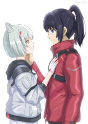 Rule 34 | 1boy, 1girl, absurdres, animal ears, artist name, black hair, blue eyes, cat ears, closed mouth, commentary request, eye contact, fingerless gloves, gloves, half gloves, hetero, highres, jacket, long hair, looking at another, mio (xenoblade), noah (xenoblade), ponytail, red jacket, ryochan96154, short hair, simple background, smile, upper body, white background, white gloves, white hair, white jacket, xenoblade chronicles (series), xenoblade chronicles 3, yellow eyes