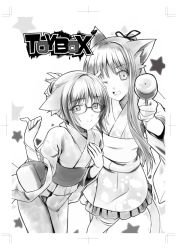 Rule 34 | 2girls, alternate hairstyle, animal ears, cat ears, cat tail, fang, food, glasses, greyscale, happy, japanese clothes, kimono, long hair, minamino kanata, monochrome, multiple girls, open mouth, original, ponytail, ribbon, short hair, smile, star (symbol), sweets, tail, thighhighs