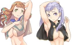 Rule 34 | 2girls, armpits, arms up, black clover, breasts, cloak, convenient censoring, cousins, embarrassed, green eyes, highres, large breasts, long hair, looking at viewer, mimosa vermillion, multiple girls, no bra, noelle silva, orange hair, simple background, presenting, presenting armpit, purple eyes, raised arm, silver hair, sweat, sweatdrop, tongue, tongue out, tukemen gyokai, twintails, white background