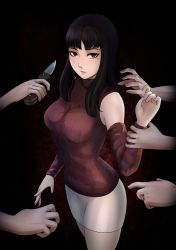 Rule 34 | 1girl, absurdres, aran sweater, black background, black hair, breasts, cable knit, check commentary, commentary, commentary request, detached sleeves, disembodied limb, english commentary, highres, holding another&#039;s wrist, kawakami tomie, knife, lips, long hair, medium breasts, mixed-language commentary, mole, mole under eye, nowajoestar, pale skin, pencil skirt, purple eyes, purple sweater, skirt, solo focus, spanish commentary, sweater, tomie, white skirt