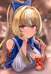 Rule 34 | 1girl, blonde hair, blurry, blurry background, bow, breast rest, breasts, cleavage, cleavage cutout, clothing cutout, dark-skinned female, dark skin, dress, drink, drinking straw, enumiyaa, glass, hair bow, head rest, highres, hololive, indoors, long hair, looking at viewer, multicolored hair, pointy ears, ponytail, red eyes, sailor collar, shiranui flare, shiranui flare (old design), sitting, solo, straight hair, tareme, two-tone hair, upper body, virtual youtuber, white dress, white hair