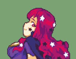 Rule 34 | 1girl, breasts, commentary, facial mark, fire emblem, fire emblem engage, from side, glaceo, green background, hair ornament, large breasts, long hair, lowres, nintendo, pixel art, profile, red eyes, red hair, simple background, solo, star (symbol), star hair ornament, yunaka (fire emblem)