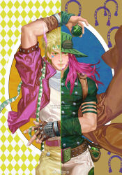 Rule 34 | 2boys, argyle, argyle background, argyle clothes, arm up, ball, battle tendency, beard, belt, blonde hair, brown cape, brown gloves, caesar anthonio zeppeli, cape, character name, closed mouth, collared shirt, cowboy shot, elna, facial hair, facial mark, feather hair ornament, feathers, fingerless gloves, gloves, green eyes, green headwear, green shirt, gyro zeppeli, hair ornament, hat, headband, highres, holding, holding ball, horseshoe, jacket, jojo no kimyou na bouken, long hair, looking at viewer, male focus, multiple boys, pants, pink hair, pink jacket, pouch, shirt, short hair, short sleeves, split screen, standing, steel ball (jojo), steel ball run, studded belt, weibo watermark, white pants, white shirt, yellow pants