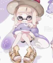 Rule 34 | 1girl, black eyes, brown footwear, brown headwear, closed mouth, commentary request, full body, hat, highres, sports sandals, holding, holding stuffed toy, inkling, inkling girl, inkling player character, long hair, nintendo, pointy ears, purple background, sandals, simple background, sitting, smile, splatoon (series), stuffed toy, tentacle hair, thick eyebrows, toes, translation request, two-tone background, una ku 277, white background, white hair