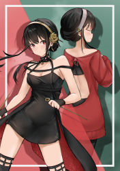 Rule 34 | 1girl, absurdres, back cutout, bare shoulders, black dress, black gloves, black hair, black pantyhose, black thighhighs, breasts, cleavage, closed eyes, closed mouth, clothing cutout, contrapposto, dagger, dress, dual persona, dual wielding, earrings, facing away, fingerless gloves, floating hair, flower, gloves, gold earrings, gold hairband, hair flower, hair ornament, hairband, highres, holding, holding dagger, holding knife, holding weapon, jewelry, knife, long hair, looking at viewer, medium breasts, multicolored background, multiple views, off-shoulder dress, off-shoulder sweater, off shoulder, pantyhose, ps rinsu, red eyes, red sweater, rose, shadow, sidelocks, spikes, spy x family, sweater, thighhighs, two-sided dress, two-sided fabric, weapon, white hairband, yor briar, zettai ryouiki