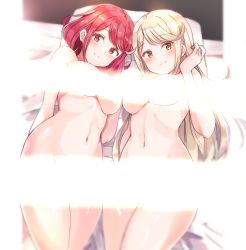 Rule 34 | 2girls, absurdres, blonde hair, breasts, censored, highres, large breasts, light censor, light rays, long hair, multiple girls, mythra (xenoblade), nude, on bed, pyra (xenoblade), red eyes, red hair, shiitake taishi, very long hair, xenoblade chronicles (series), xenoblade chronicles 2
