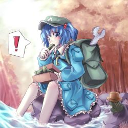 Rule 34 | 1girl, backpack, bag, blue hair, cucumber, eating, female focus, forest, frog, hair bobbles, hair ornament, hat, kawashiro nitori, nature, outdoors, plant, randoseru, solo, touhou, twintails, two side up, wrench