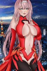 Rule 34 | 1girl, absurdres, artist name, bodysuit, breasts, cosplay, darling in the franxx, fingerless gloves, gloves, green eyes, guilty crown, highres, large breasts, legs, lipstick, long hair, makeup, navel, pink hair, seductive smile, smile, solo, thick thighs, thighhighs, thighs, yuzuriha inori, yuzuriha inori (cosplay), zero two (darling in the franxx)