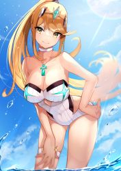 Rule 34 | 1girl, absurdres, alternate hairstyle, blonde hair, breasts, chest jewel, gem, headpiece, highres, large breasts, long hair, mythra (radiant beach) (xenoblade), mythra (xenoblade), one-piece swimsuit, ponytail, ribbed swimsuit, risumi (taka-fallcherryblossom), solo, strapless, strapless one-piece swimsuit, striped clothes, striped one-piece swimsuit, swept bangs, swimsuit, tiara, vertical-striped clothes, vertical-striped one-piece swimsuit, very long hair, white one-piece swimsuit, xenoblade chronicles (series), xenoblade chronicles 2, yellow eyes
