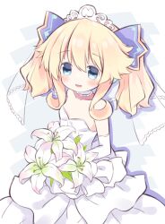 1girl bare_shoulders blonde_hair blue_eyes blush bouquet bow breasts bridal_veil choker collarbone commentary dress dress_bow elbow_gloves english_commentary flower frilled_choker frills gloves grey_choker hair_between_eyes hair_ornament headphones highres histoire holding holding_bouquet looking_at_viewer medium_hair mixed-language_commentary neptune_(series) open_mouth sidelocks small_breasts smile solo strapless strapless_dress tiara tinzing_saamzong twintails veil wedding_dress white_bow white_dress white_flower white_gloves white_tiara