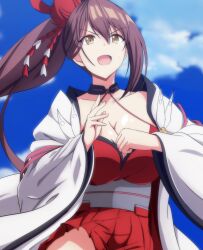 Rule 34 | 1girl, :d, azur lane, blue sky, breasts, brown eyes, brown hair, cleavage, cloud, collarbone, commentary request, commission, cowboy shot, day, dress, eyeshadow, hair between eyes, hair ornament, halterneck, high ponytail, highres, hood, japanese clothes, kanzashi, kimono, large breasts, long hair, makeup, makiri akira, open mouth, pleated dress, ponytail, red dress, red eyeshadow, sidelocks, skeb commission, sky, sleeveless, sleeveless dress, smile, solo, standing, very long hair, white kimono, wide sleeves, yellow eyes, zuikaku (azur lane)