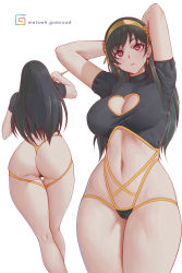 Rule 34 | 1girl, absurdres, arms behind head, ass, black hair, breasts, cameltoe, cleavage, cleavage cutout, clothing cutout, earrings, from behind, gluteal fold, gold earrings, gold hairband, hairband, heart cutout, highres, jewelry, large breasts, lipstick, long hair, looking at viewer, makeup, melowh, multiple views, navel, patreon username, red eyes, revealing clothes, short sleeves, simple background, spy x family, thigh gap, thighs, thong, white background, yor briar