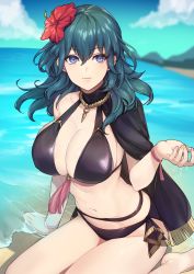 Rule 34 | 1girl, bare legs, barefoot, beach, bikini, black bikini, black cape, blue eyes, blue hair, blurry, blurry background, breasts, byleth (female) (fire emblem), byleth (female) (summer) (fire emblem), byleth (fire emblem), cape, cleavage, closed mouth, day, depth of field, fire emblem, fire emblem: three houses, flower, fringe trim, hair flower, hair ornament, hibiscus, highres, kokouno oyazi, large breasts, long hair, looking at viewer, navel, nintendo, ocean, official alternate costume, outdoors, pink ribbon, red flower, ribbon, sitting, smile, solo, stomach, swimsuit, tassel, wariza, water, wrist ribbon