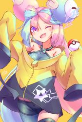 Rule 34 | 1girl, absurdres, bike shorts, bow-shaped hair, character hair ornament, creatures (company), game freak, grey pantyhose, hair ornament, hexagon print, highres, iono (pokemon), jacket, kanimiso (juutilainen77), long hair, low-tied long hair, midriff peek, multicolored hair, nintendo, oversized clothes, pantyhose, pink eyes, pink hair, pokemon, pokemon sv, sharp teeth, single leg pantyhose, sleeves past fingers, sleeves past wrists, teeth, twintails, two-tone hair, very long hair, x, yellow jacket