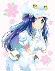 Rule 34 | 1girl, aether foundation uniform, artist name, blue eyes, blue hair, blush, breasts, buttons, closed mouth, cocoloco, commentary request, cosplay, cowboy shot, creatures (company), dawn (pokemon), floral background, game freak, gloves, hat, long hair, looking to the side, nintendo, pokemon, pokemon dppt, pokemon sm, pouch, short sleeves, sidelocks, solo, turtleneck, white gloves, white hat