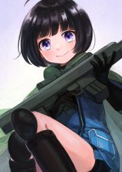 Rule 34 | 1girl, ahoge, amatori chika, black gloves, black hair, black shorts, blue jacket, bob cut, boots, cloak, closed mouth, gloves, green cloak, gun, hands up, highres, holding, holding gun, holding weapon, jacket, knee boots, knees up, long sleeves, looking at viewer, mikumo squad&#039;s uniform, pocket, purple eyes, rifle, short hair, shorts, sitting, smile, sniper rifle, solo, sonoda (mzm), uniform, weapon, white background, world trigger