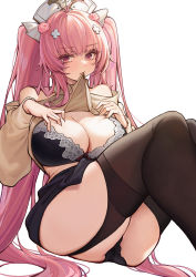 Rule 34 | 1girl, alternate costume, azur lane, bare shoulders, black bra, black panties, black skirt, blush, bra, breasts, catsmoon, chinese commentary, commentary request, cross, flower, hair flower, hair ornament, hat, highres, large breasts, lifting own clothes, long hair, looking at viewer, nurse cap, panties, perseus (azur lane), perseus (unfamiliar duties) (azur lane), pink eyes, pink flower, pink hair, pink rose, rose, simple background, skirt, twintails, underwear, very long hair, white background, white headwear