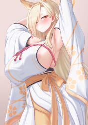 Rule 34 | 1girl, animal ears, areola slip, armpits, arms up, blonde hair, blue archive, blush, breasts, closed mouth, commentary request, cream cod, detached sleeves, eyes visible through hair, floral print, hair over one eye, highres, japanese clothes, kaho (blue archive), large breasts, long hair, long sleeves, looking at viewer, mole, mole under mouth, sash, sideboob, simple background, smile, solo, thick eyebrows, yellow eyes