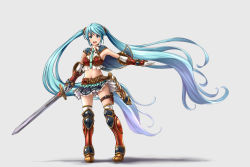 Rule 34 | 1girl, absurdly long hair, aqua eyes, aqua hair, armor, elbow gloves, full body, gauntlets, gloves, greaves, hatsune miku, highres, long hair, midriff, miu (angelo whitechoc), necktie, open mouth, scabbard, sheath, simple background, skirt, solo, sword, thighhighs, twintails, very long hair, vocaloid, weapon