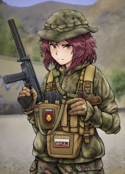 Rule 34 | 1girl, absurdres, arabic text, blurry, blurry background, buckle, camouflage, gloves, green hat, gun, handgun, hat, highres, holding, holding gun, holding weapon, holstered, load bearing vest, machine pistol, military, original, outdoors, pistol, pp-91 kedr, red hair, russian flag, short hair, snap-fit buckle, solo, submachine gun, suppressor, trigger discipline, weapon, zap-nik