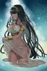 Rule 34 | 1girl, bad id, bad pixiv id, black hair, bracelet, breasts, cleavage, cleopatra (fate), cleopatra (third ascension) (fate), dress, earrings, fate/grand order, fate (series), green eyes, hairband, in water, jewelry, large breasts, long hair, navel, pantsu (lootttyyyy), see-through, sleeveless, sleeveless dress, solo, standing, very long hair, wading, wet, wet clothes, wet dress, wet hair