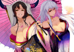 Rule 34 | 2girls, bare shoulders, black hair, blush, breasts, chest tattoo, cleavage, collarbone, facial mark, fate/extra, fate/extra ccc, fate (series), forehead mark, hair ribbon, holding, holding smoking pipe, holding umbrella, horns, japanese clothes, kama (fate), kimono, large breasts, long hair, long sleeves, looking at viewer, multiple girls, obi, off shoulder, oil-paper umbrella, open mouth, purple kimono, red eyes, ribbon, sash, satou daiji, sessyoin kiara, silver hair, smile, smoking, smoking pipe, tattoo, umbrella, white kimono, wide sleeves, yellow eyes