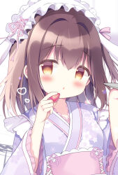 Rule 34 | 1girl, animal ears, azumi kazuki, blush, breasts, brown eyes, brown hair, commentary request, fake animal ears, floral print, food, frilled hairband, frilled sleeves, frills, fruit, hair ribbon, hairband, hands up, highres, holding, holding food, holding tray, japanese clothes, kimono, long sleeves, looking at viewer, obi, one side up, original, parted lips, pink ribbon, print kimono, purple kimono, rabbit ears, ribbon, sash, small breasts, solo, strawberry, tray, unfinished, upper body, white background, white hairband, wide sleeves