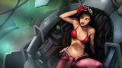 Rule 34 | 1girl, asami sato, avatar: the last airbender, avatar legends, bikini, bikini top only, breasts, clothes around waist, cockpit, darren geers, dirty, fingerless gloves, gloves, goggles, goggles on head, green eyes, highres, lips, lipstick, makeup, making-of available, mecha, mechanic, nail polish, pinup (style), robot, solo, sweat, swimsuit, the legend of korra
