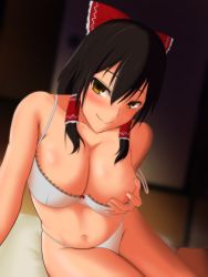 Rule 34 | 1girl, absurdres, bare arms, bare legs, black hair, blurry, bow, bow bra, bra, breasts, brown eyes, cleavage, closed mouth, depth of field, eyebrows, futon, hair between eyes, hair bow, hair tubes, hakurei reimu, hand on breast, highres, indoors, large breasts, leaning to the side, long hair, looking at viewer, mizan (nalkami69), naughty face, nipple slip, nipples, panties, red bow, sitting, smile, solo, strap slip, touhou, underwear, underwear only, white bra, white panties, yokozuwari