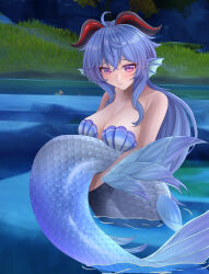 Rule 34 | 1girl, absurdres, ahoge, bare shoulders, blue hair, blurry, blurry background, blush, breasts, cleavage, closed mouth, collarbone, day, forest, ganyu (genshin impact), genshin impact, grass, highres, horns, lake, large breasts, long hair, looking at viewer, mermaid, monster girl, monsterification, nature, ocean, outdoors, parted lips, pond, purple eyes, river, rock, shell, shell bikini, sitting, sitting on rock, solo, tree, water, waterfall, zephylyne