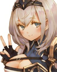 Rule 34 | 1girl, armor, black gloves, blue eyes, blush, breasts, chest guard, chest strap, cleavage, fingerless gloves, gloves, hairband, highres, hololive, iketa keiki, looking at viewer, pauldrons, portrait, shirogane noel, shirogane noel (1st costume), short hair, shoulder armor, silver hair, simple background, single pauldron, smile, solo, v, virtual youtuber, white background, wing collar