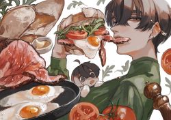 Rule 34 | 2boys, ahoge, bread, brown eyes, brown hair, commentary, drooling, ear piercing, earrings, eating, egg (food), english commentary, fatalbug896, food, food focus, food in mouth, from side, frying pan, green shirt, hair between eyes, hand up, highres, holding, holding food, jewelry, leaf, long sleeves, looking at viewer, male focus, meal, meat, mini person, miniboy, mixed-language commentary, mouth drool, multiple boys, open mouth, original, pepper, piercing, sandwich, sauce, shirt, short hair, sunny side up egg, tomato, tomato slice, upper body, white background